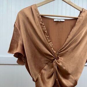 Ro & De Satin Knot Crop Top Blouse Women's Bronze Silky Short Sleeve Small Club
